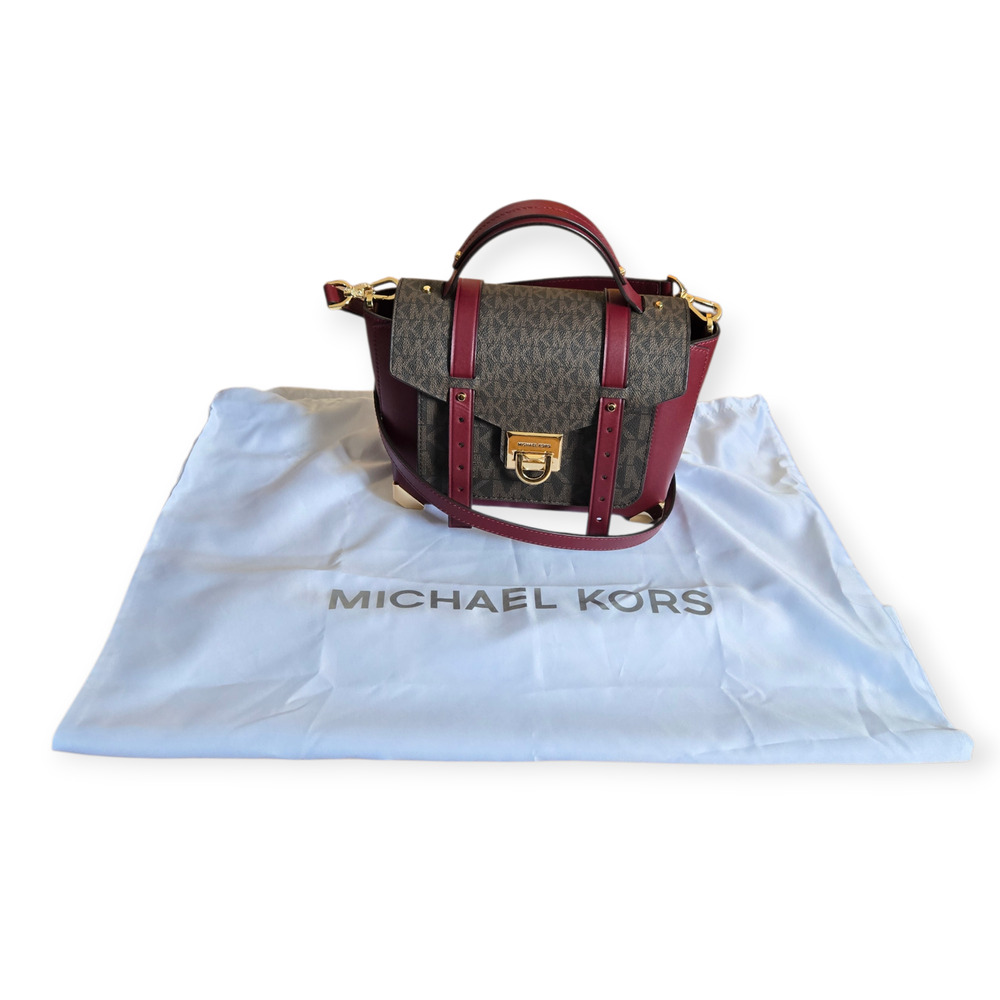 Michael Kors Medium Manhattan Leather Logo Cherry Red Satchel Convertible Bag - Picture 2 of 9